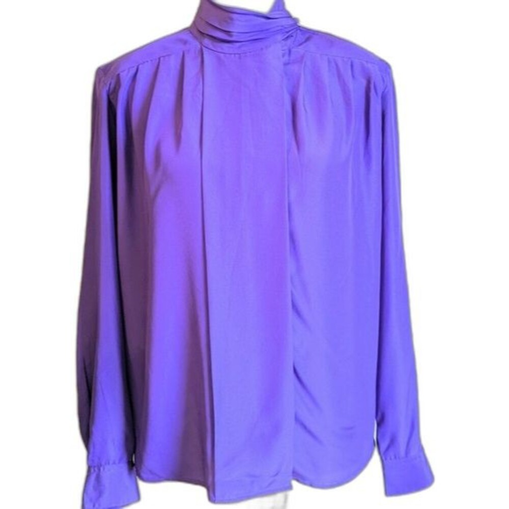 Justine Todd Vintage 80s Purple Ruffled Long Sleeve High Neck Blouse SZ 8 Large